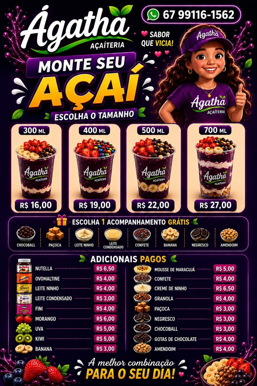 Cardápio original com preços dos copos e adicionais